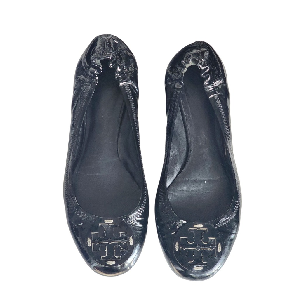 Tory Burch Minnie Travel Ballet Flats Black Patent‎ Leather Logo Medallion 8